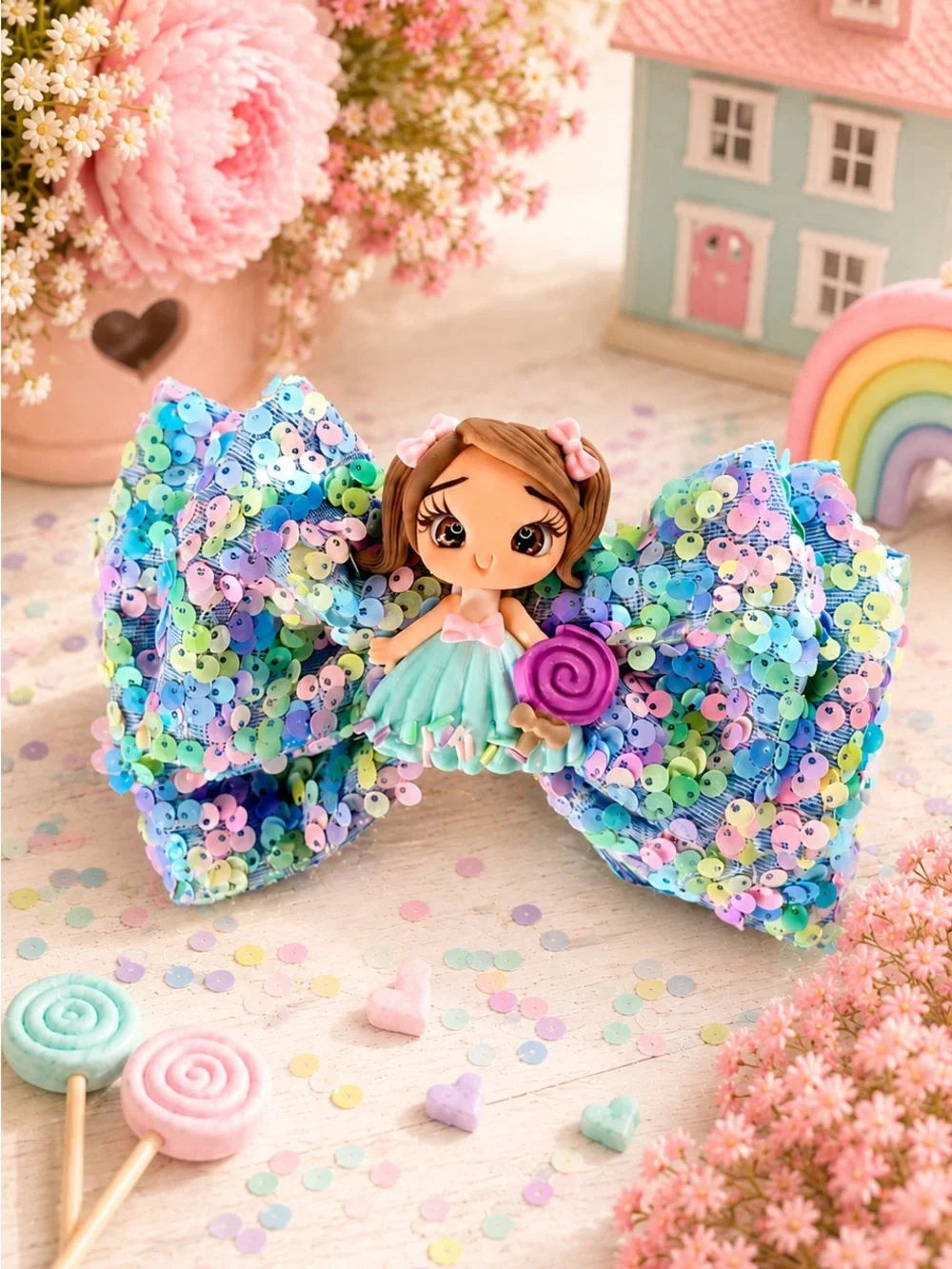 Sequin Pastel Bow Hair Clip with Doll Accent - Multicolor